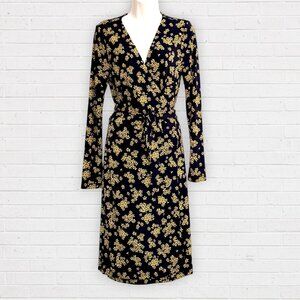 Ann Taylor | Dresses | Ann Taylor Petaled Wrap Dress Navy Blue Yellow Gold  Floral Stretch Knit Dress 6 | Poshmark